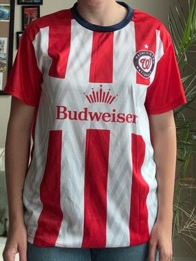 Budweiser Red & White Striped Washington Nationals Fan Jersey with Navy Trim